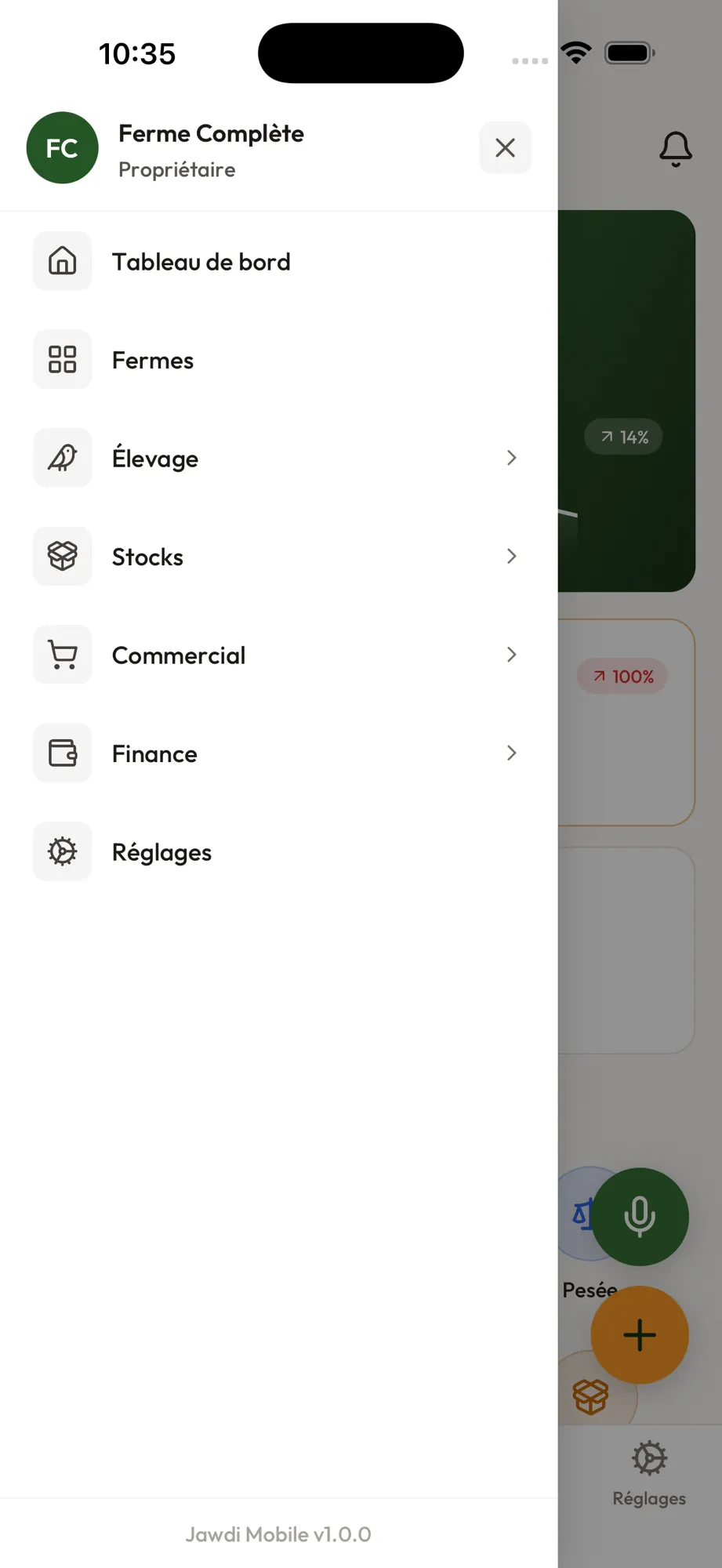 Menu de navigation de l'app mobile Jawdi